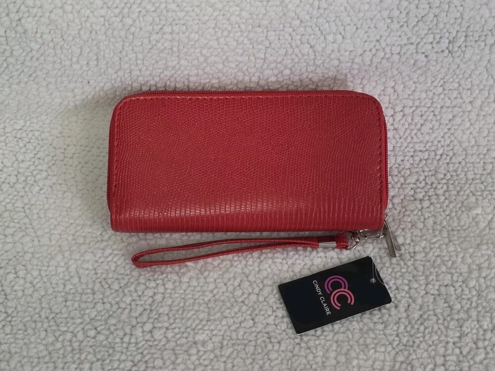 Cindy Claire Wristlet Wallet Red Vegan Faux Leather Snake Print Double Zipper